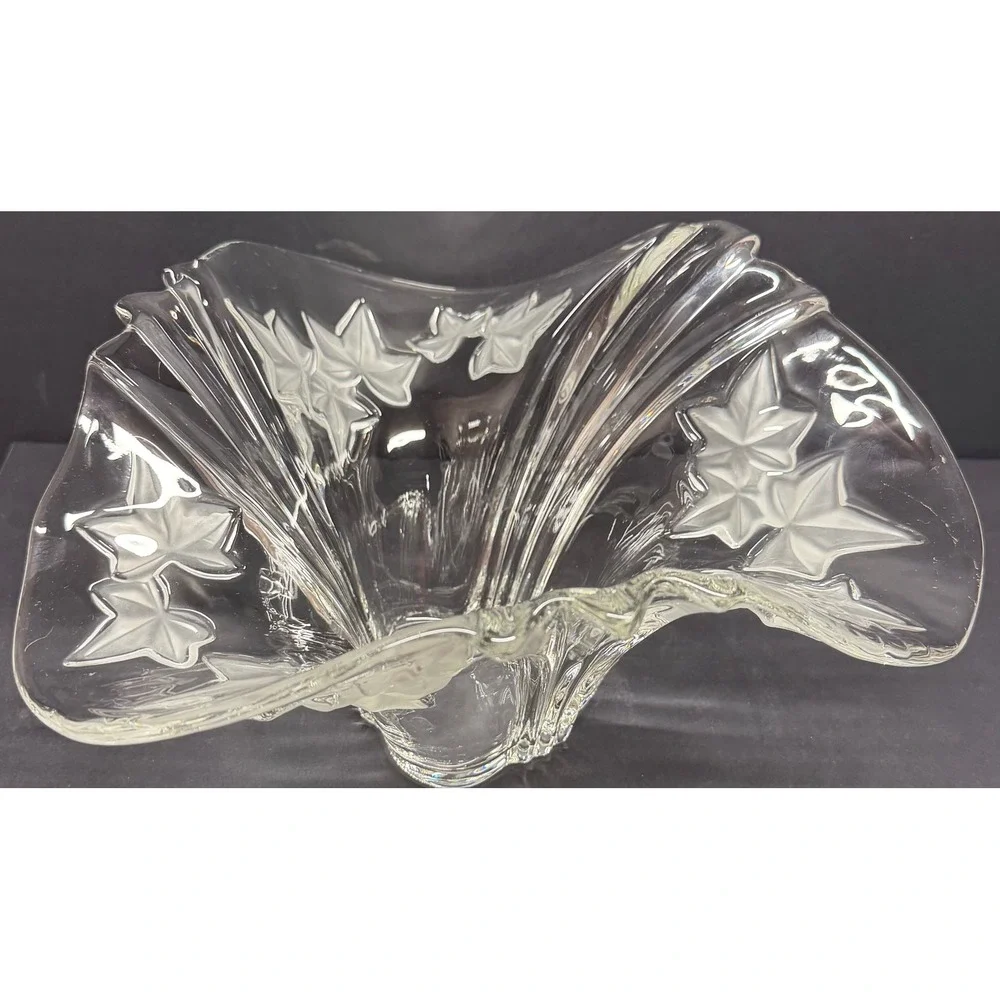 Vintage Crystal Fan Vase Frosted Ivy Leaf Flared Ribbed Art Deco Style Centerpc